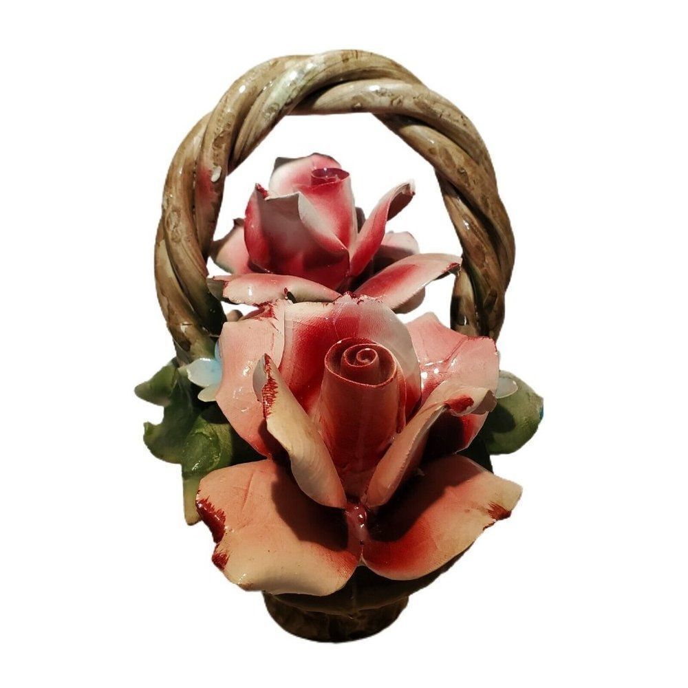 Nuova Capodimonte Porcelain Flower Basket Large 12" Pink Roses Italy REPAIRED
